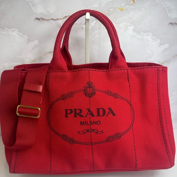 PRADA Canapa Canvas 2way handbag Red - Picture 1 of 16